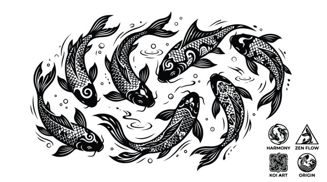 A group of black and white koi fish swimming gracefully in a circular pattern in clear water with natural lighting