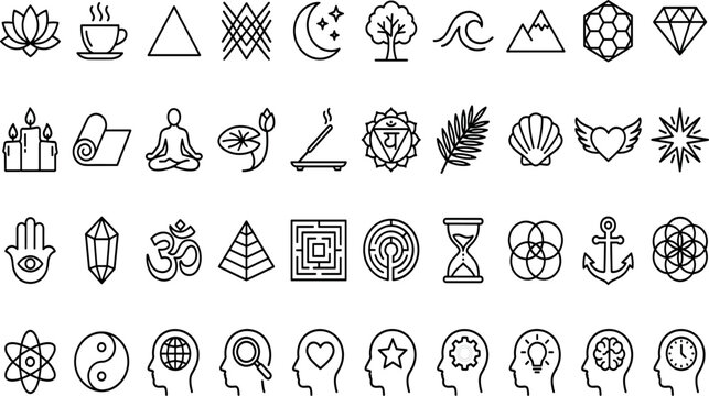 Spiritual wellness and meditation line icons set vector illustration of yoga mindfulness chakra healing esoteric sacred geometry and mental health linear symbols,