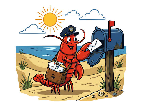 Cheerful cartoon lobster mailman with cap and satchel delivering letters to mailbox on sandy beach, sunny day, ocean background, colorful illustration.