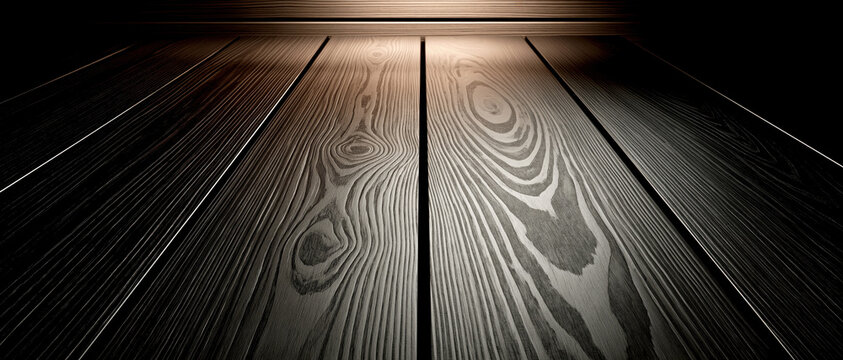 Dark wood texture background, natural grain pattern floor, plank surface with lighting, empty space, realistic material detail, dramatic shadow and highlight gradient