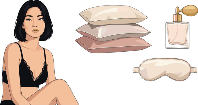 Elegant Evening Routine and Bedtime Wellness Vector Set Featuring Asian Woman in Black Lace Bralette Silk Pillows Scented Candle Perfume and Eyemask