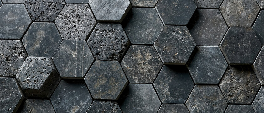 Hexagon stone wall dark rock texture geometric tile pattern natural stone surface modern interior design hexagonal cladding rough stone background basalt rock texture architectural detail