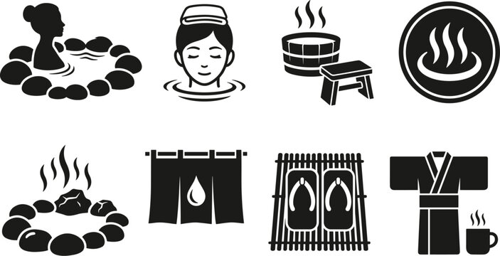 Japanese Onsen and Hot Spring Culture Black Glyph Icon Set Featuring Thermal Rock Pools Bathing Avatars Wooden Tubs Noren Curtains and Yukata Robe Symbols