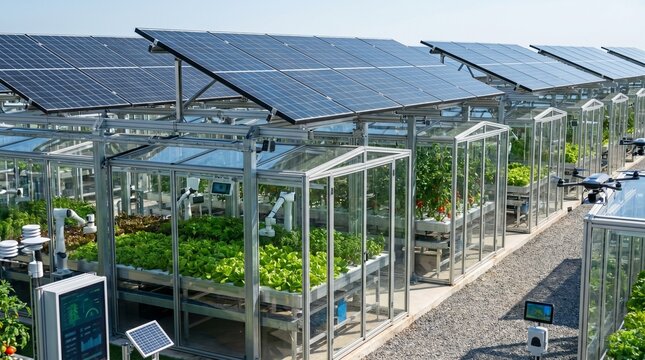 Smart solar panels installed above automated hydroponic greenhouses at modern farm