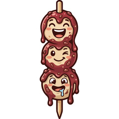 Fototapeta premium Cute Cilok Satay Mascot Character with Three Expressive Faces and Spicy Peanut Sauce, Vector Illustration