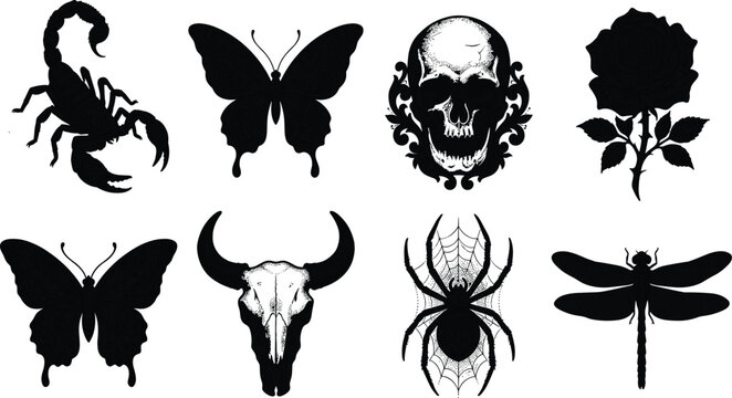 Gothic Style Icon Set Featuring Scorpion, Butterfly, Skull, Rose, Bull Skull, Spider, and Dragonfly Silhouettes for Dark Aesthetic Graphic Design Projects