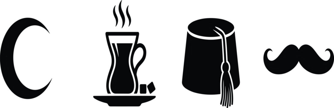 Turkish Cultural Icon Set Featuring Crescent Moon, Traditional Hot Tea Glass, Ottoman Fez Hat, and Mustache Symbol for Middle Eastern Design Projects