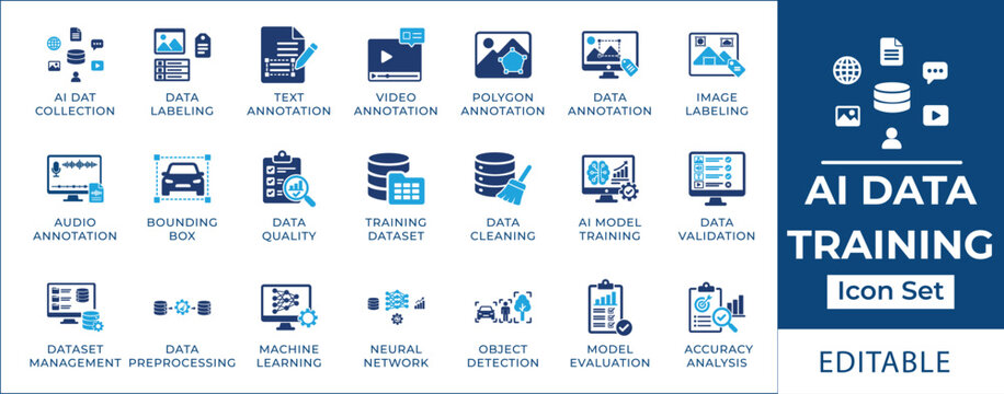AI data training icon set featuring machine learning datasets, image annotation, computer vision labeling, neural network processing, and database cleaning symbols.