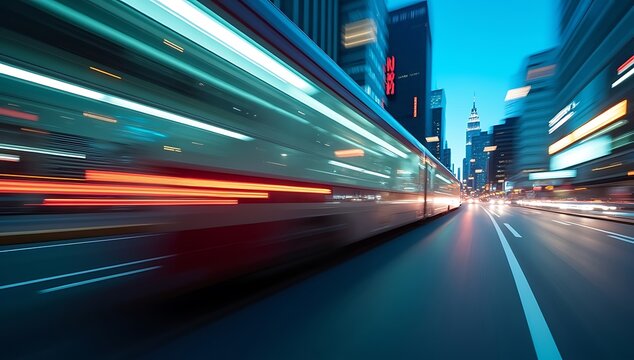 Blurred motion of a train at night in a city with light trails.