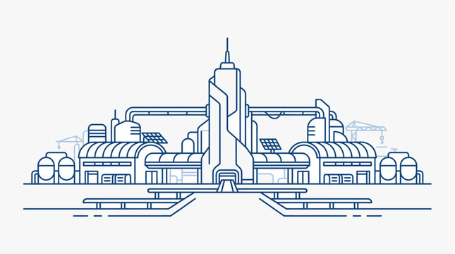 Industrial complex with smokestack and buildings.