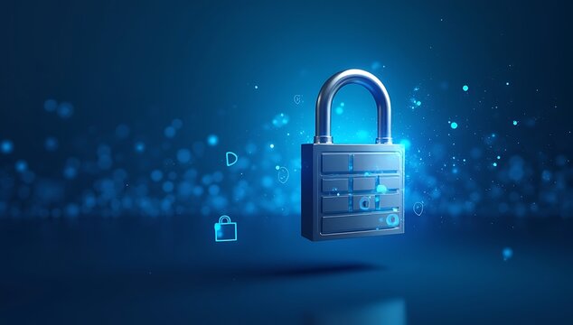 Digital Security Padlock Glowing with Blue Lights and Data Particles.