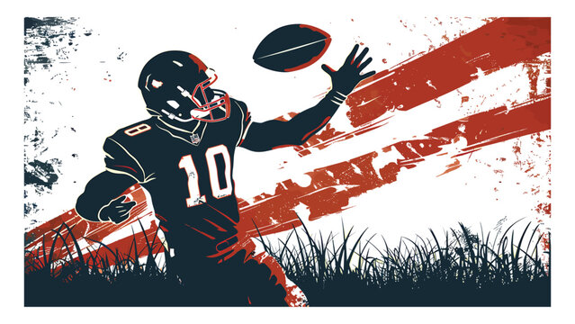Football player in a dynamic pose prepares to throw the ball across a textured grunge background.