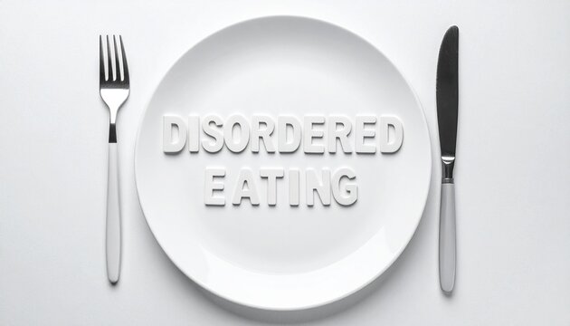 Concept of Disordered Eating Spelled Out on Dinner Plate with Fork and Knife