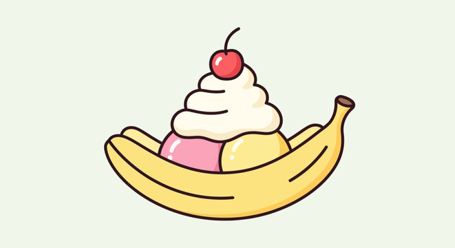 A cartoon banana split dessert with ice cream.