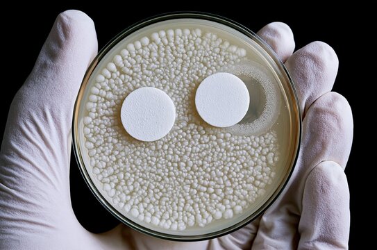 Scientist gloved hands holding petri dish with bacterial culture growth shaped like smile face with two white tablets fun science microbiology concept