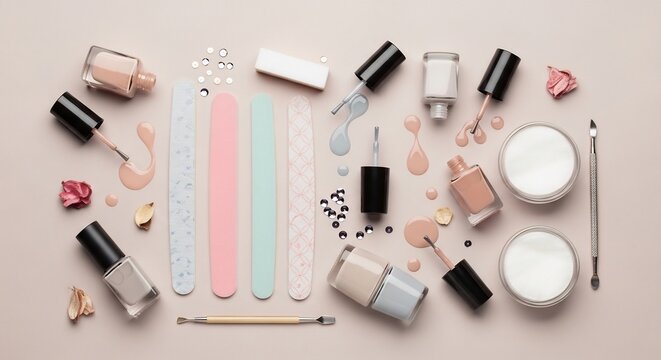 Manicure and Nail Care Essentials Laid Out Flat.
