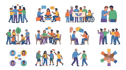 Fototapeta premium A collection of illustrations showing diverse people engaging in community activities, social interactions, support, and communication.