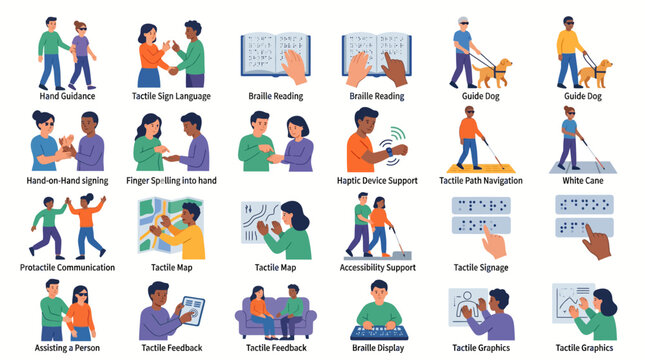Comprehensive collection of icons illustrating various accessibility and support methods for people with disabilities, including tactile communication, braille, and guide dogs.