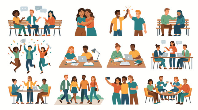 Diverse groups of people interacting, collaborating, and socializing in various settings, illustrating friendship and teamwork.
