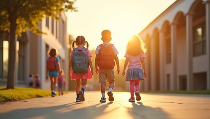 Obraz premium Children with backpacks walking towards school at sunrise.
