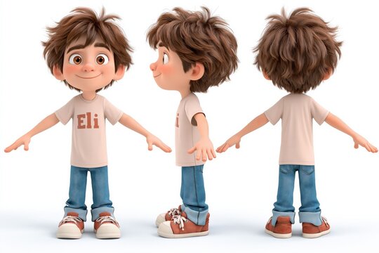 3D Animated Boy Character with T-Shirt and Jeans, Front, Side, and Back Views
