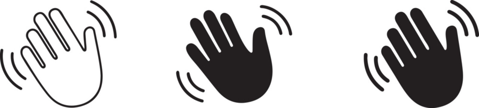 Hand hello wave sign vector icon black silhouette and outline.