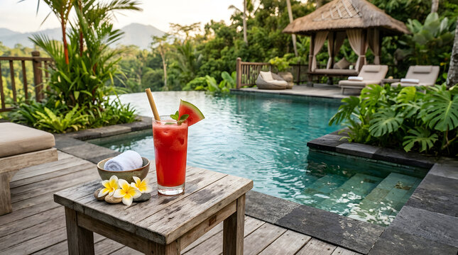A refreshing watermelon juice with a slice of fruit and a straw sits on a wooden table next to a swimming pool in a tropical resort