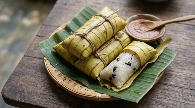 A high-angle shot of Indonesian lepet sticky rice cakes wrapped in janur palm leaves, showing one opened cake with black beans and grated coconut, served with savory peanut sauce on a bamboo tray.