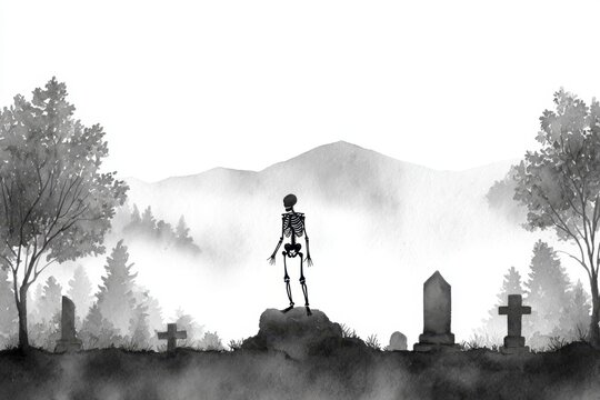 black and white watercolor, a skeleton standing on the head of a giant zombie in a foggy cemetery with tombstones, a foggy background