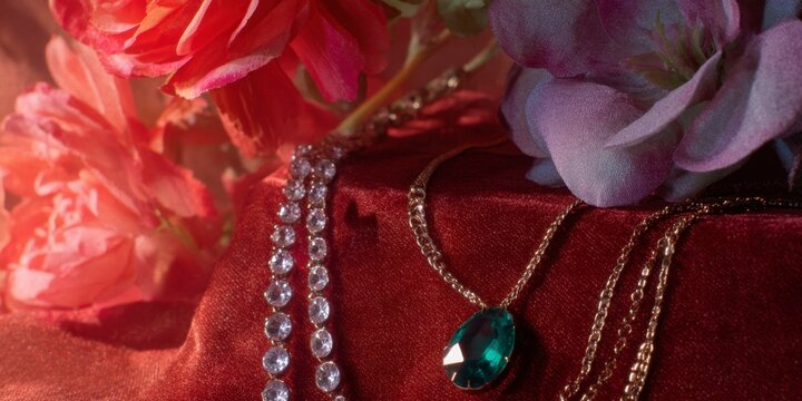 closeup of velvet, jeweled necklaces on a red table