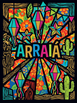 Arraia festival illustration with colorful floral pattern
