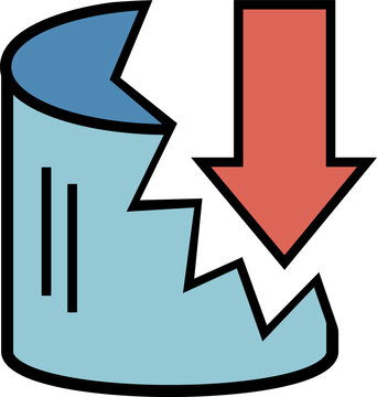 Broken database cylinder with downward arrow icon. Simple cartoon outline illustration of data loss, server crash, economic failure, or storage decline vector