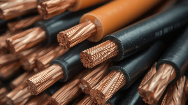 Industrial background featuring macro detail of heavy duty power cables with bright copper metallic wire strands exposed.