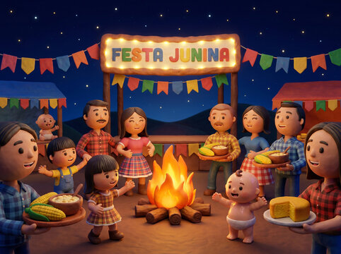 Festa Junina celebration with family by campfire