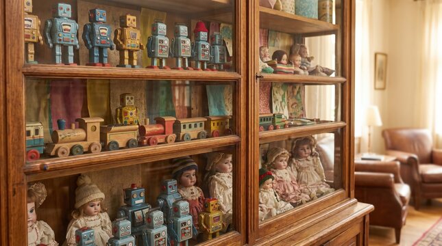 Wooden Display Cabinet Showcasing Antique Tin Robots Wooden Trains And Porcelain Dolls