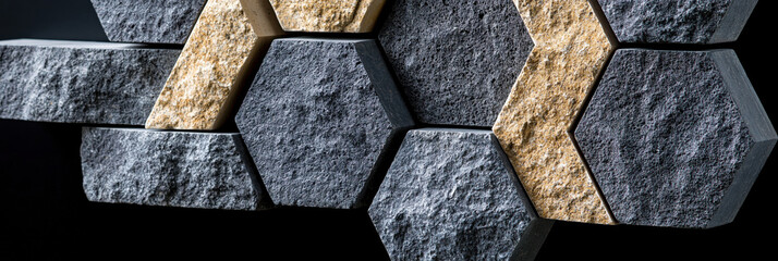 Fototapeta premium Hexagon stone wall texture geometric rock cladding decorative panel modern interior natural stone rough surface 3d pattern abstract background dark grey beige accent contemporary hexagon stone
