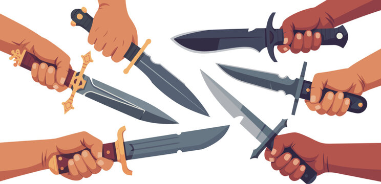 Vector illustration of hands holding daggers, knives, blades, sharp weapons, combat tools