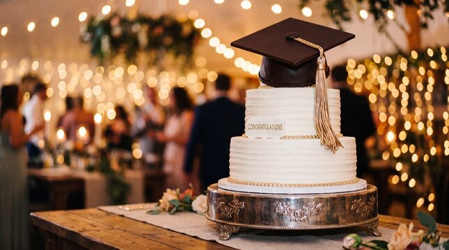 Graduation cake with mortarboard. Festive cake for graduation party. Academic cap cake for graduation. 