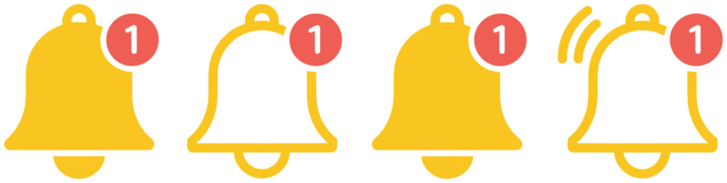 Notification bell icons with alert signals vector set for app notifications, alarms, reminders, messaging systems, and communication interface design elements, vector, designs