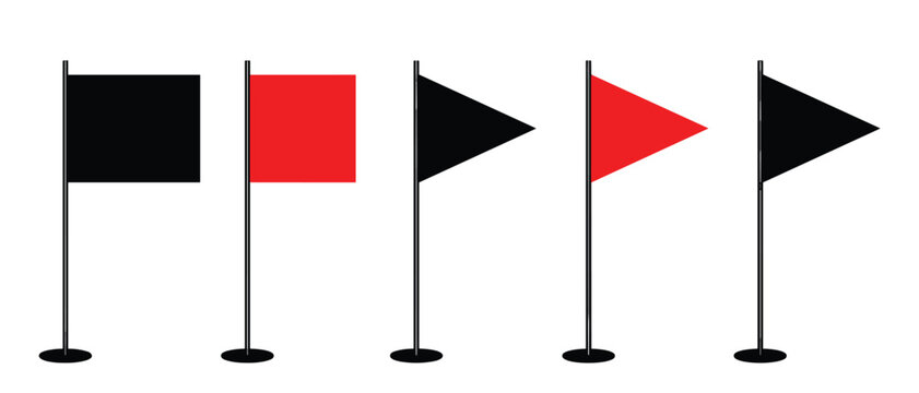 Red and black warning flag vector set. Square banners, pennants, triangular signaling flags, racing indicators, maritime alerts, marker posts and golf course symbols.