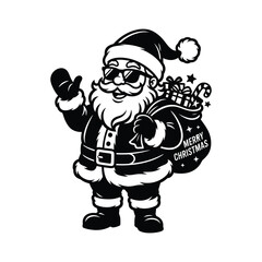 Naklejka premium Cool Santa Claus Wearing Sunglasses Waving and Carrying Merry Christmas Gift Bag Vector Illustration