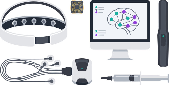 Neurotechnology and Brain Computer Interface Vector Icon Set with EEG Headband Microchip Monitor and Lab Equipment for Science Graphic Designs