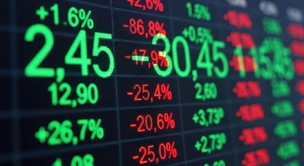 Fototapeta premium Close-up of Stock Market Ticker Display with Green and Red Financial Data Numbers