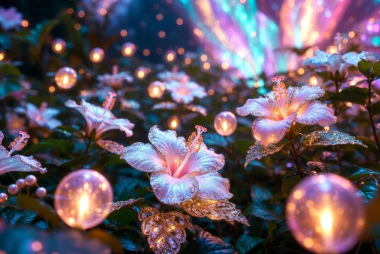 Fiori di ibisco bioluminescenti in un bosco incantato con sfere di luce (AI Generativa)