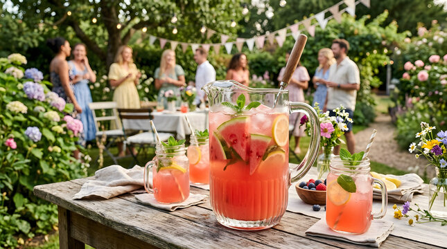Refreshing watermelon lemonade in a pitcher on a rustic table during a summer garden party with friends