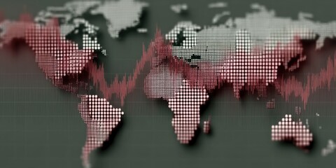 Fototapeta premium Global Economic Downturn and Financial Crisis Displayed on Digital World Map with Fluctuating Red Graph