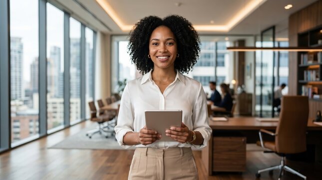 A confident african american businesswoman smiles while holding a tablet in a bright, modern corporate office with city views.