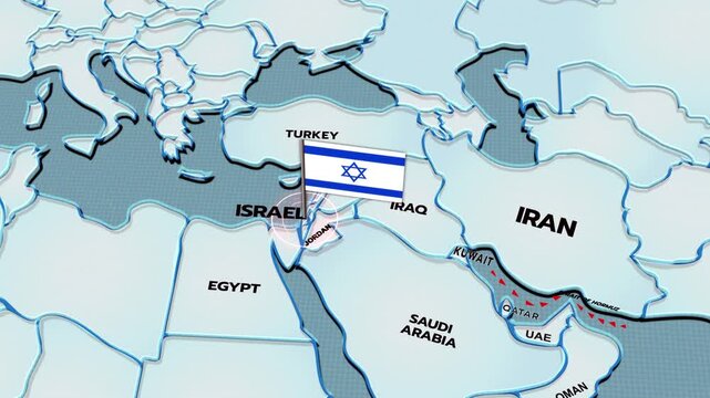 A 3D world map highlights Israel, Middle East, Israel map, iran israel war, ISRAEL FLAG,