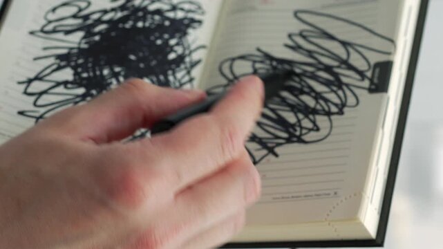 A close-up of scribbles in a notebook.
Black marker drawing, curved lines, abstract