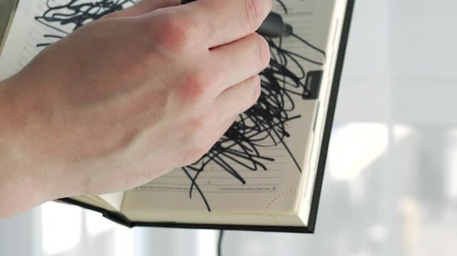 A close-up of scribbles in a notebook.
Black marker drawing, curved lines, abstract
